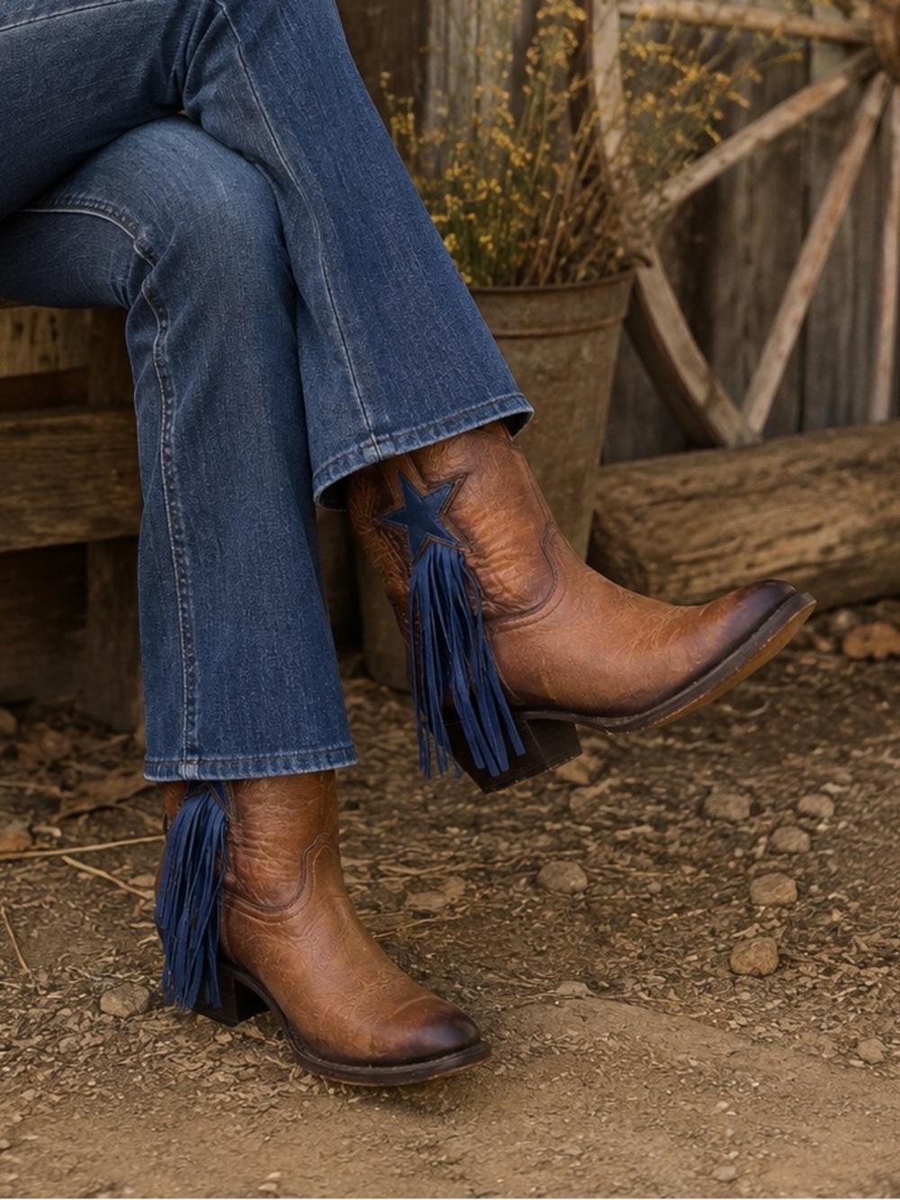 Lucchese x Dallas Cowboys Five Point Western Fringe Boots Star Brown Size 7.5 B